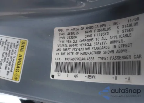 2009 Acura Tl 3.5 from USA, damaged, VIN 19UUA865X9A014836